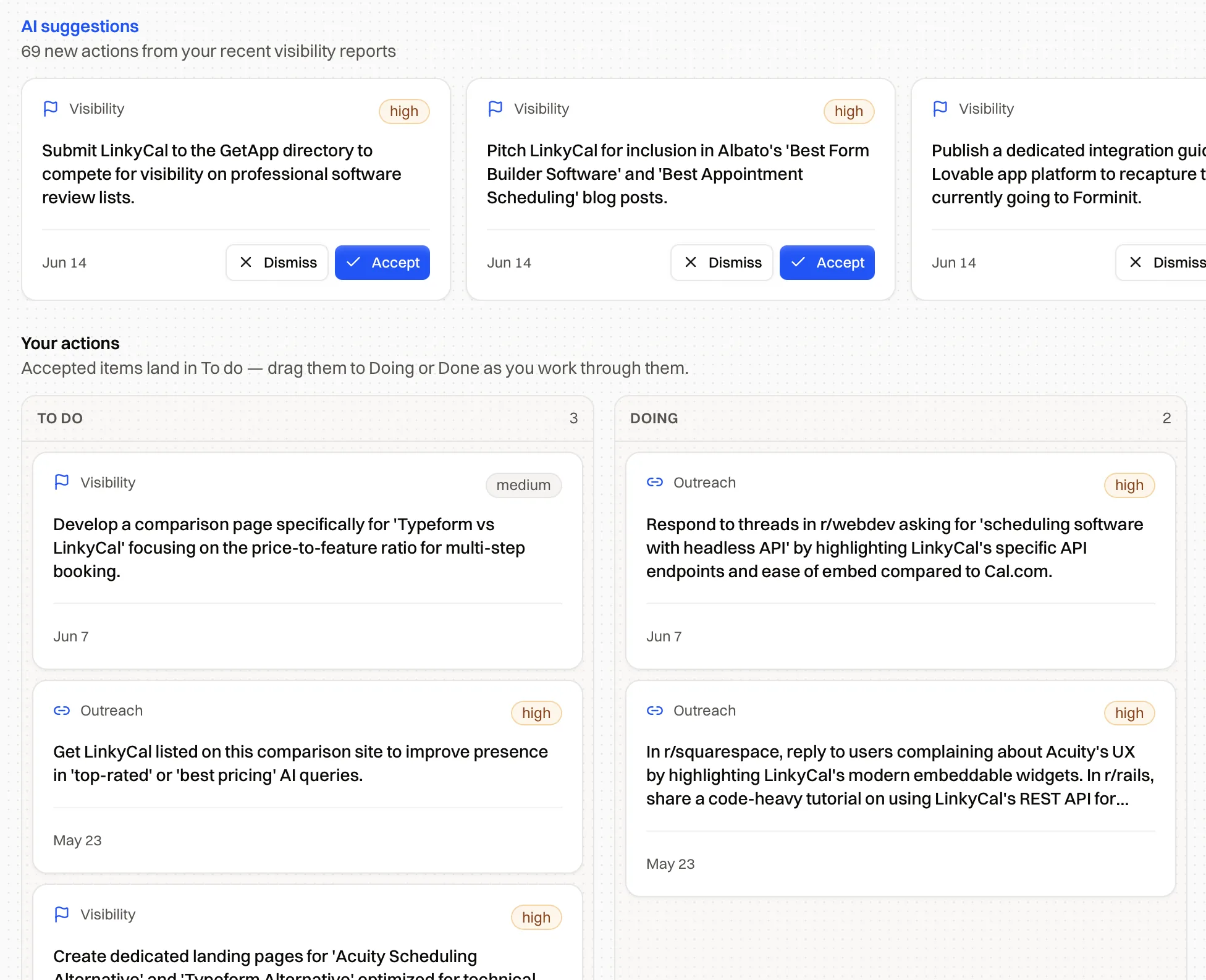 Actions board with AI-suggested visibility and outreach items feeding a To Do, Doing, Done kanban