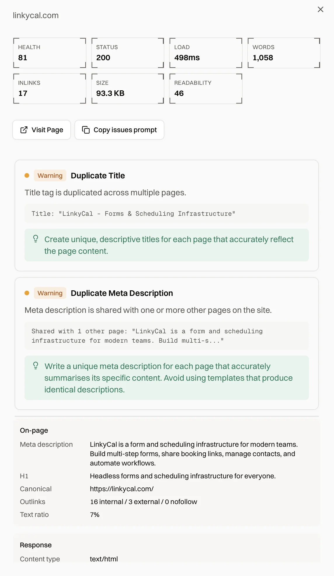 Page detail with health score, duplicate title and duplicate meta description issues, each with a recommended fix