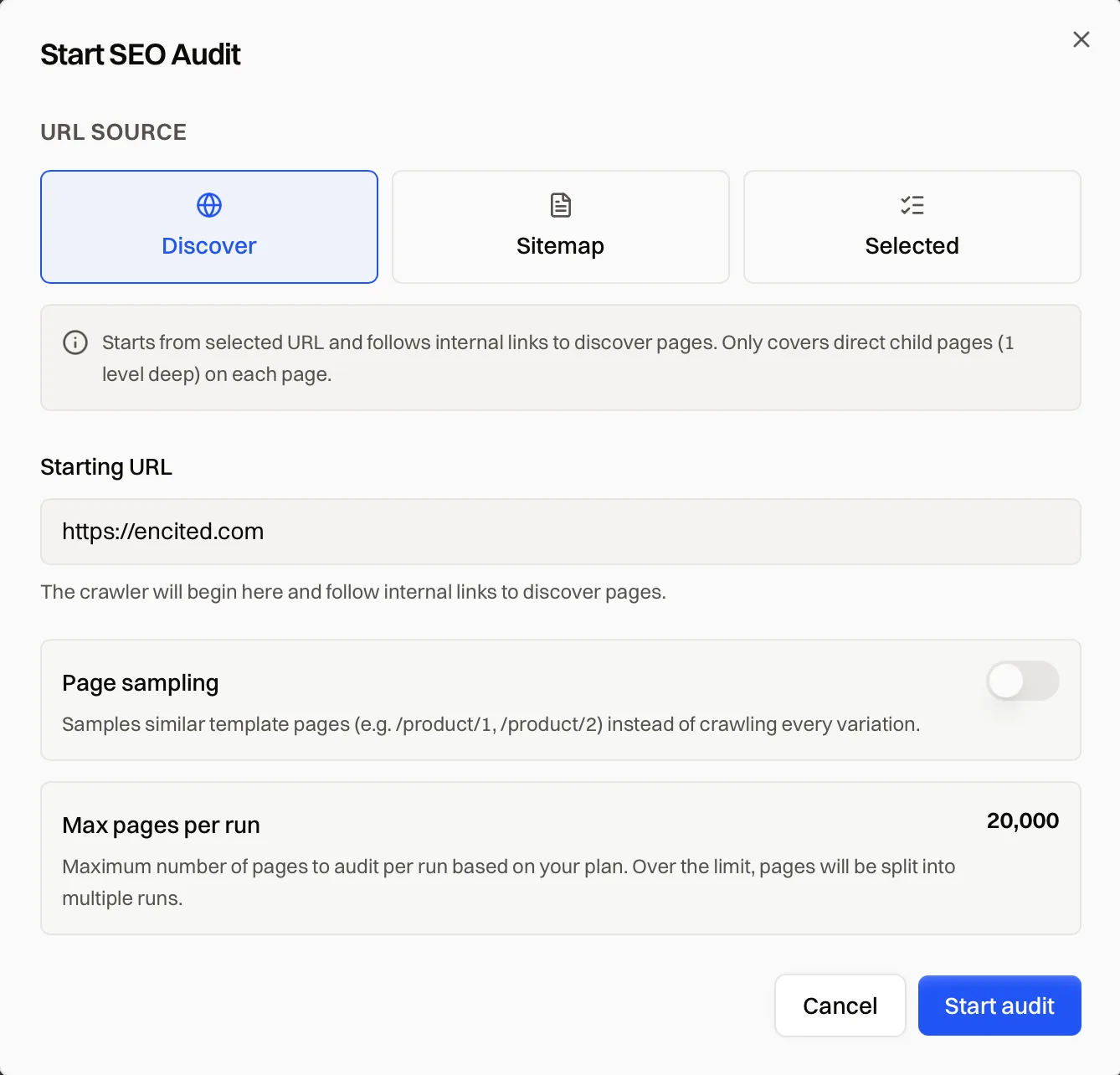 Start SEO audit dialog with discover, sitemap and selected URL sources and page sampling