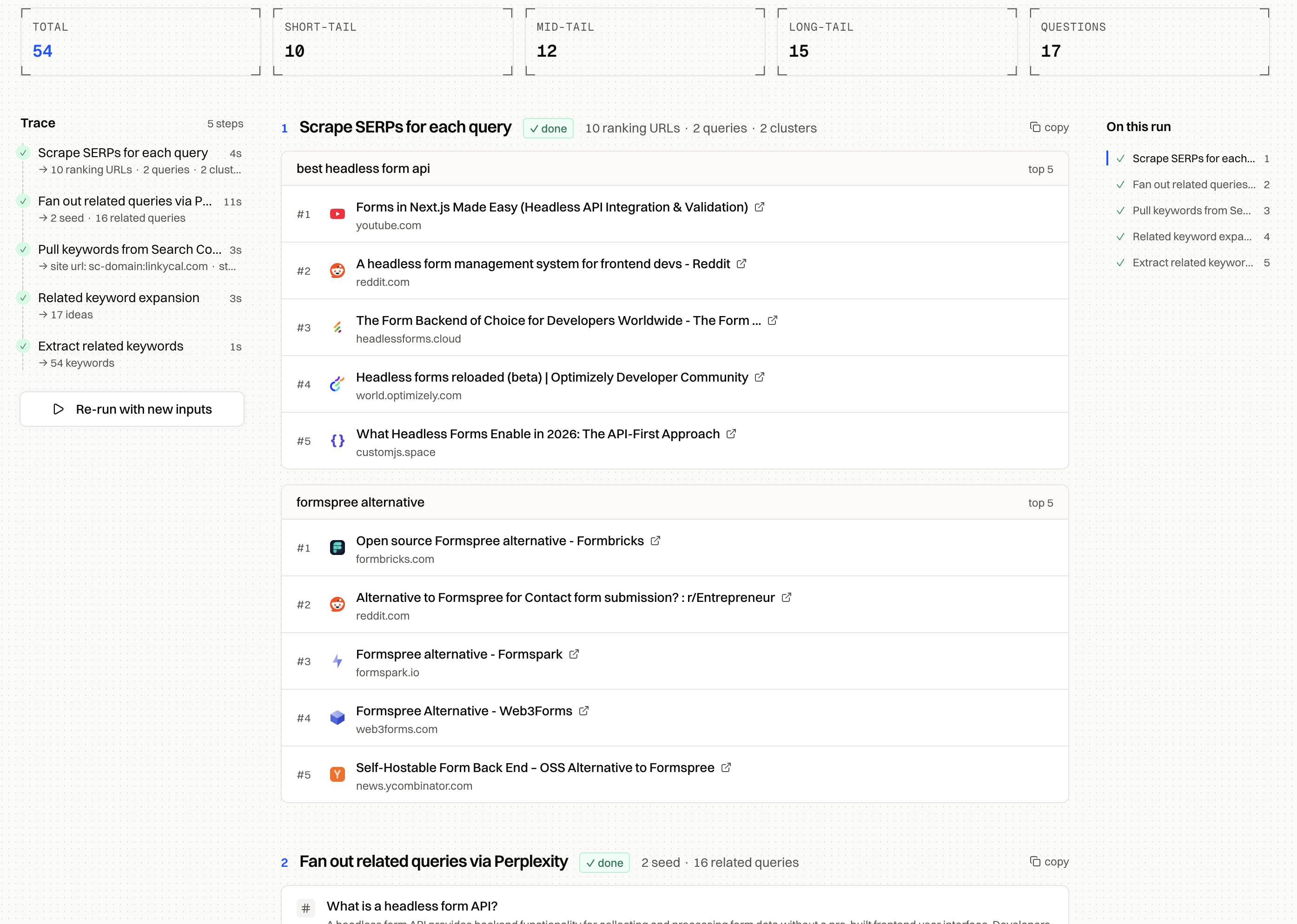 Workflow run scraping SERPs across queries with ranking URLs and short, mid, long-tail and question counts