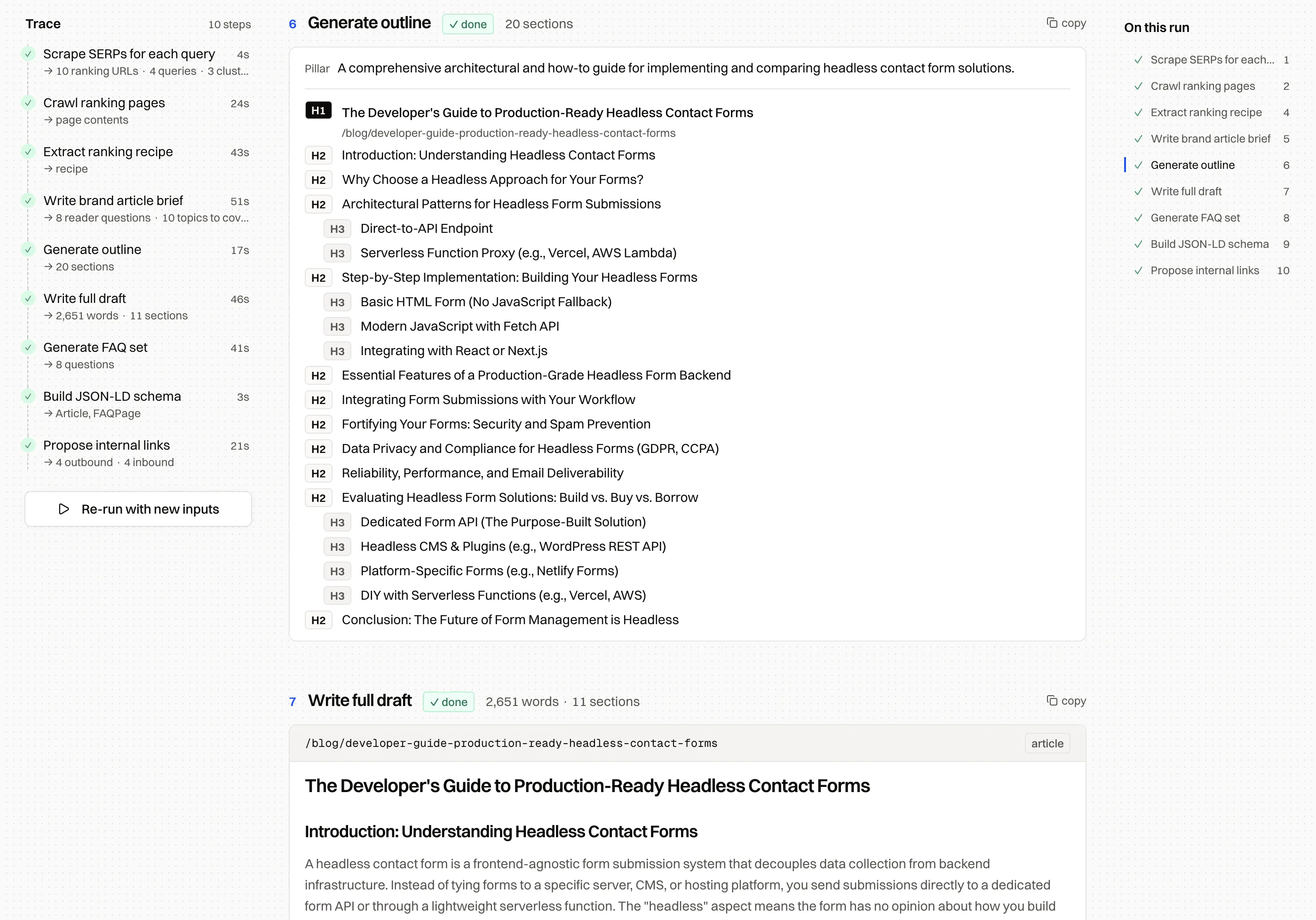 Generated outline with H1, H2 and H3 sections and a full draft preview