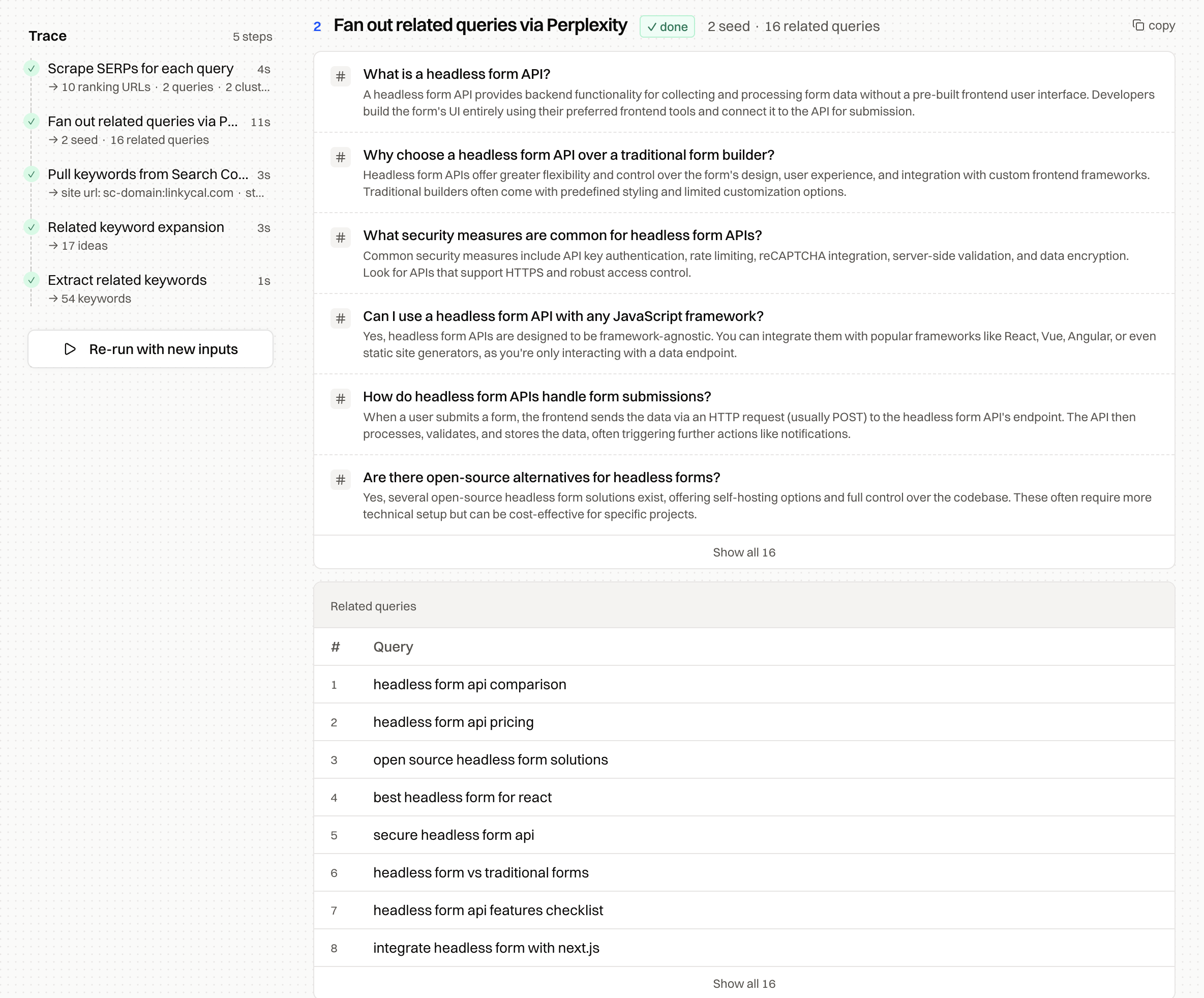 Fan-out step with people-also-ask questions and a ranked list of related queries