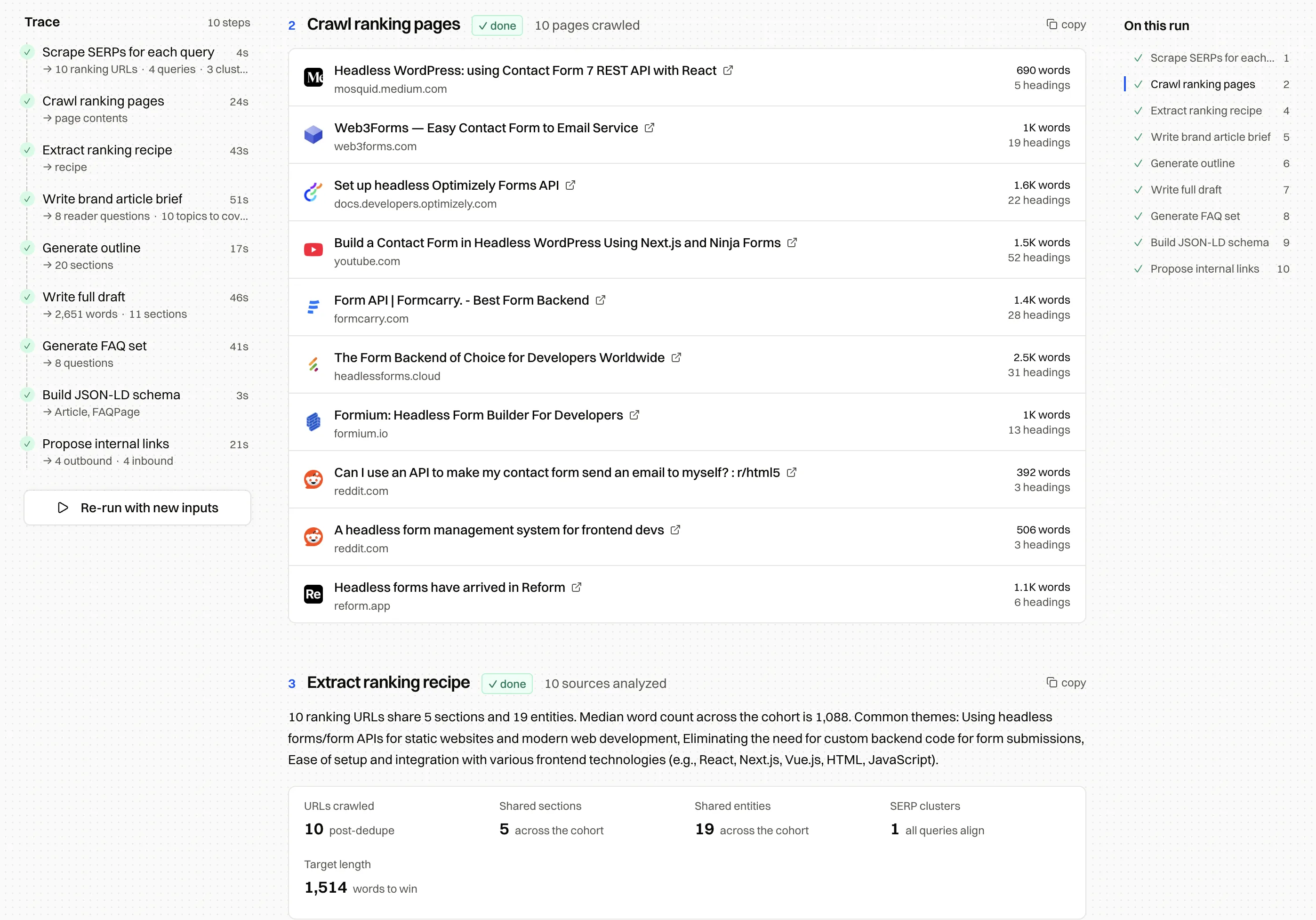 Crawl ranking pages and extract the ranking recipe with shared sections, entities and target word count