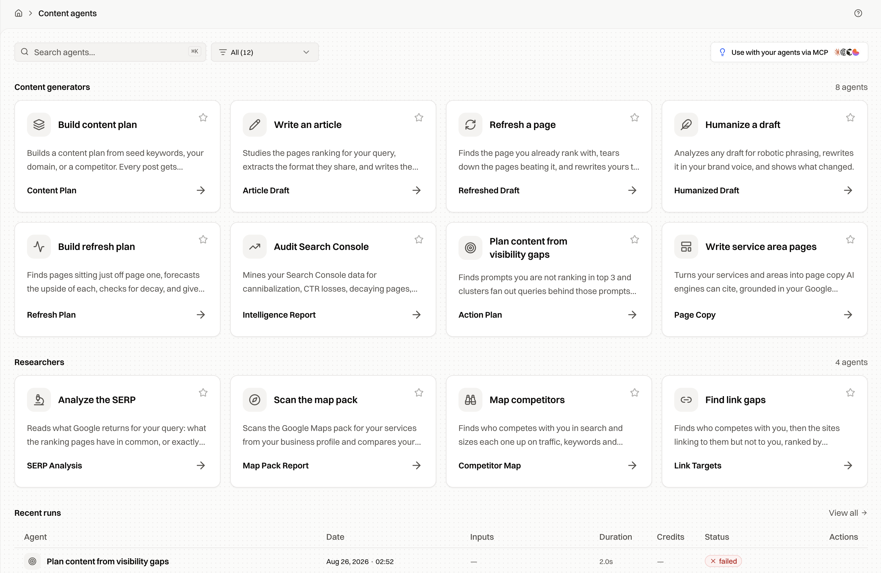 The Content agents catalog: SEO and AI search workflows your agent can run over MCP
