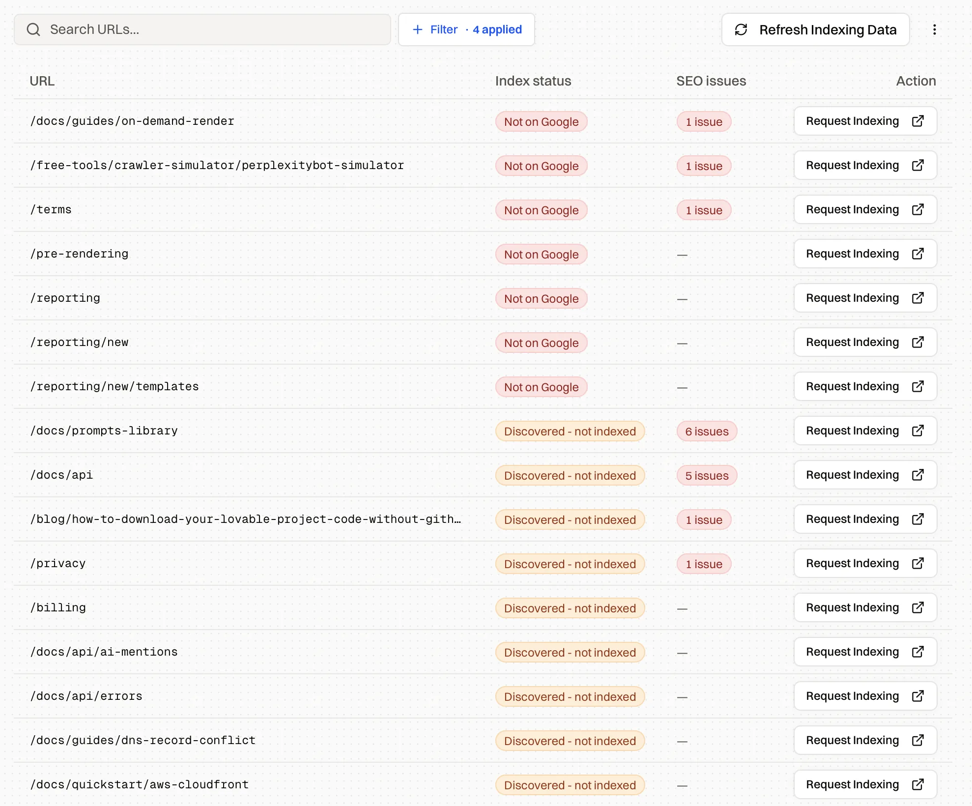 Index Rush dashboard with Google index status and open SEO issue counts per URL