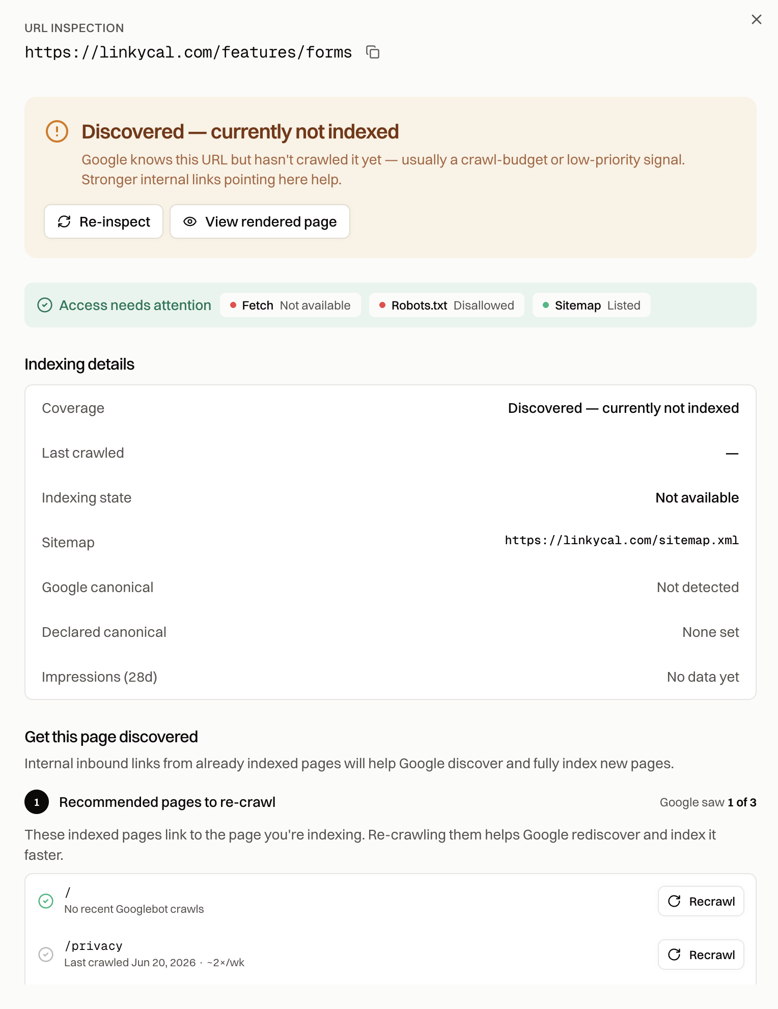 URL inspection drawer for a page stuck in Discovered – currently not indexed, showing coverage details, canonical signals, and recommended already-indexed pages to re-crawl
