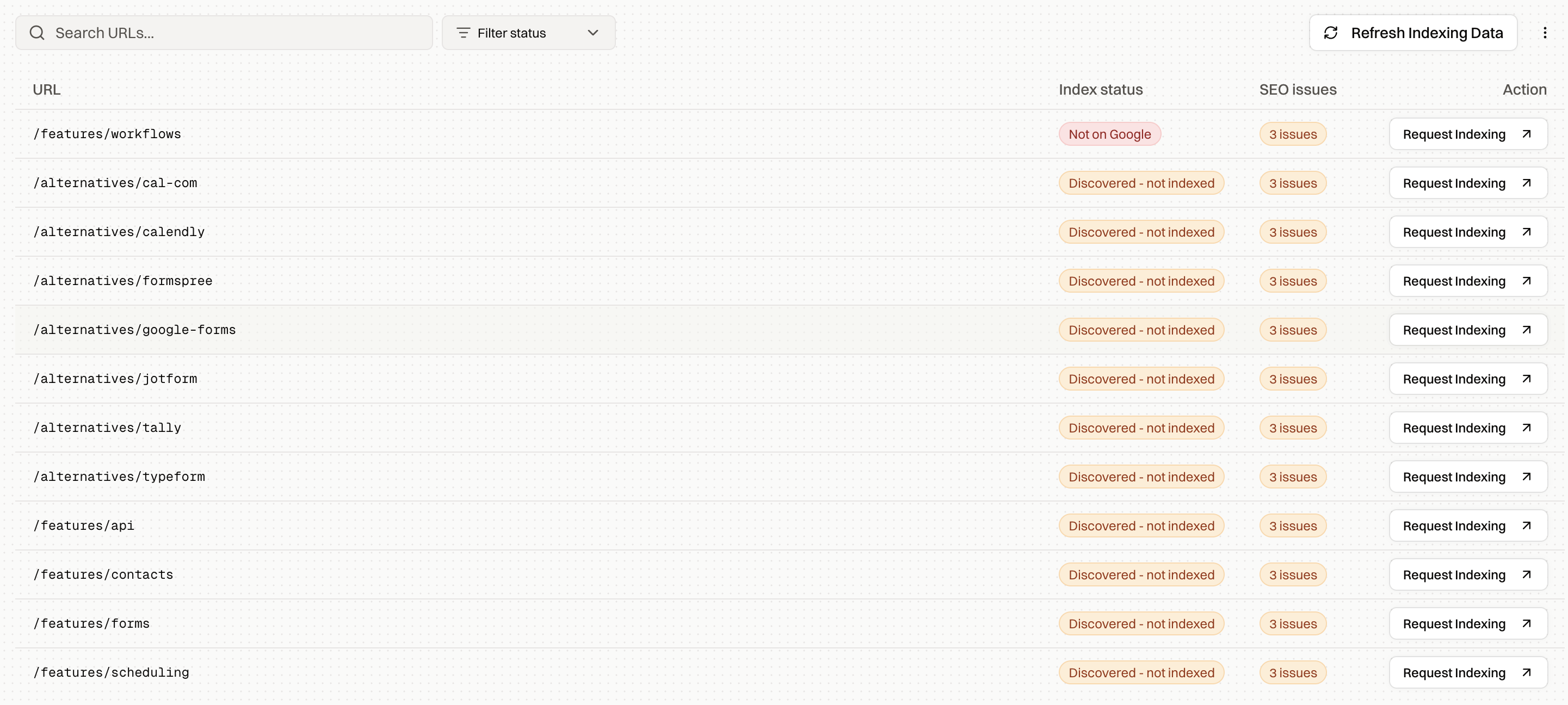 Index Rush table showing URL-level index status, issues, and request indexing actions