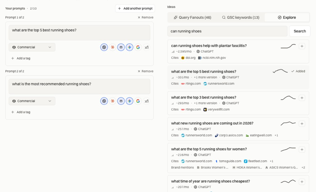 Encited's Prompt Explorer with tracked prompts on the left and Explore ideas, volumes, and citations on the right
