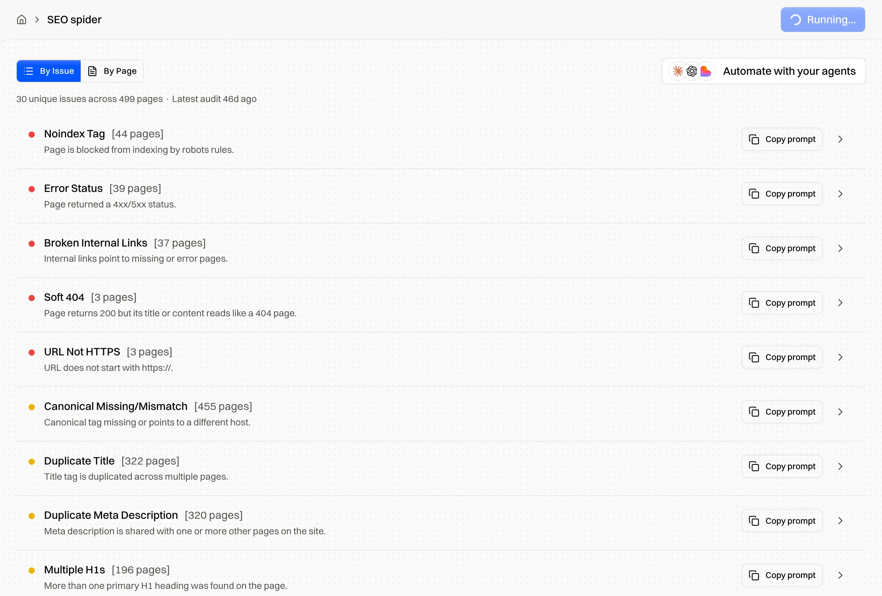 On-page issues grouped by issue and by page, with counts and fixes
