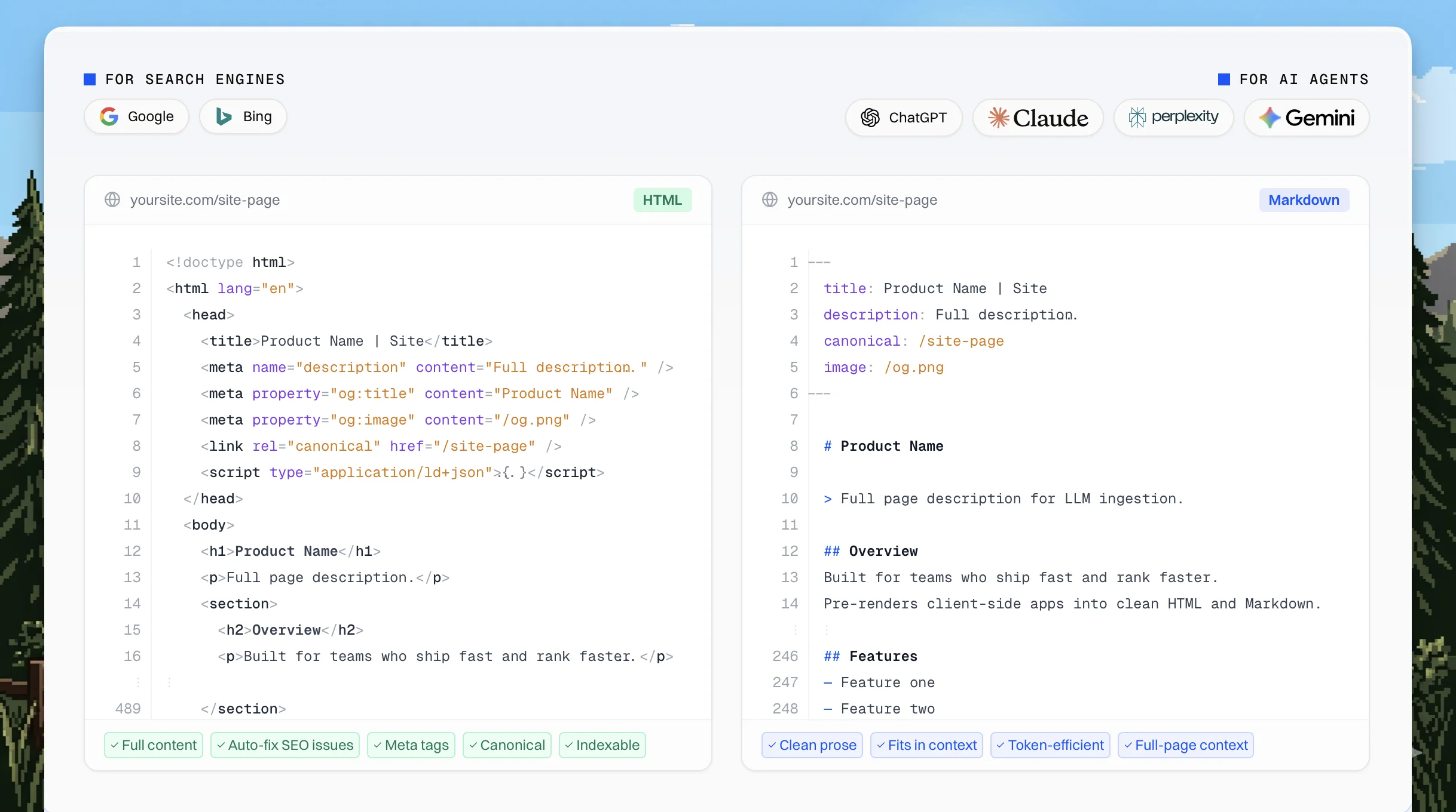 Pre-rendered HTML served to search engines and Markdown served to AI agents